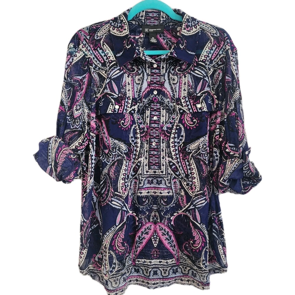 Boho Paisley Tunic Top 2X Sheer Flowy Bedazzled 3/4 Roll Sleeve Chic Collar Edgy